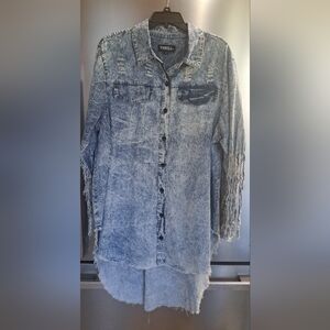 Thrill Jeans Button Front Destroyed Distressed Denim Shirt Dress Sun Wash Sz 3X